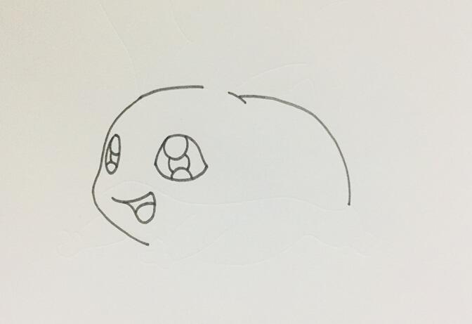 首先畫出巴達(dá)獸的眼框，畫出瞳孔與反光的輪廓后，再將它的嘴巴畫出來，接著將大致的身體輪廓線條描出來.jpg