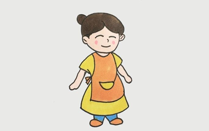 四、最后給媽媽涂上顏色。圍裙和鞋子涂上橙色，長裙涂上黃色，褲子涂上藍色，頭發(fā)涂上棕色，臉頰涂上粉紅色。一位溫柔又善良的媽媽就畫好了.jpg