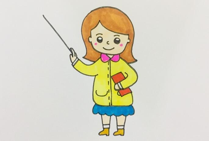 六、上衣涂成黃色，裙子涂成藍(lán)色，鞋子涂成深黃色，手中的書(shū)涂成紅色，一個(gè)溫柔美麗的長(zhǎng)發(fā)老師就畫(huà)好了。.jpg