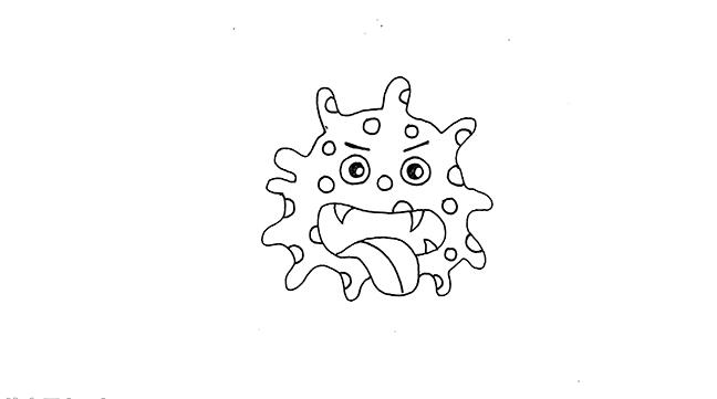 三、 繼續(xù)在上方畫上眉毛和圓圓的眼睛，里面畫上黝黑的眼珠子，再在病毒表面愛護(hù)誰一些圓圈作為它身上的斑紋。.jpg