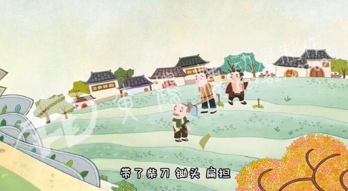 附近的人聽(tīng)說(shuō)狼來(lái)了，都趕緊放下手里的活兒，帶了柴刀、鋤頭、扁擔(dān)，飛快跑來(lái)救孩子.jpg