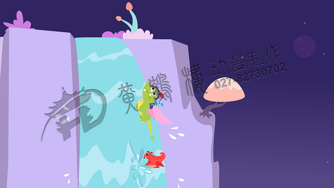 英語課動(dòng)畫制作：眼看就要撞擊到瀑布了，一個(gè)仰飛，沖上了天，而小惡龍卻沒控制中，扎進(jìn)了瀑布里.jpg