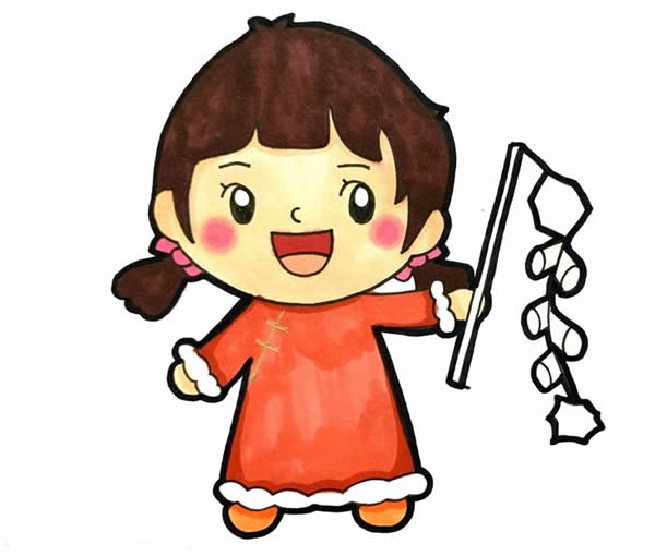 春節(jié)小朋友放鞭炮簡筆畫，新年小女孩放鞭炮簡筆畫
