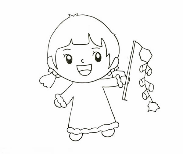 春節(jié)小朋友放鞭炮簡筆畫，新年小女孩放鞭炮簡筆畫