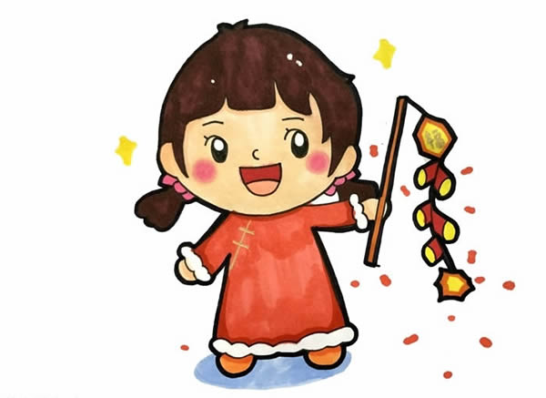 春節(jié)小朋友放鞭炮簡筆畫，新年小女孩放鞭炮簡筆畫
